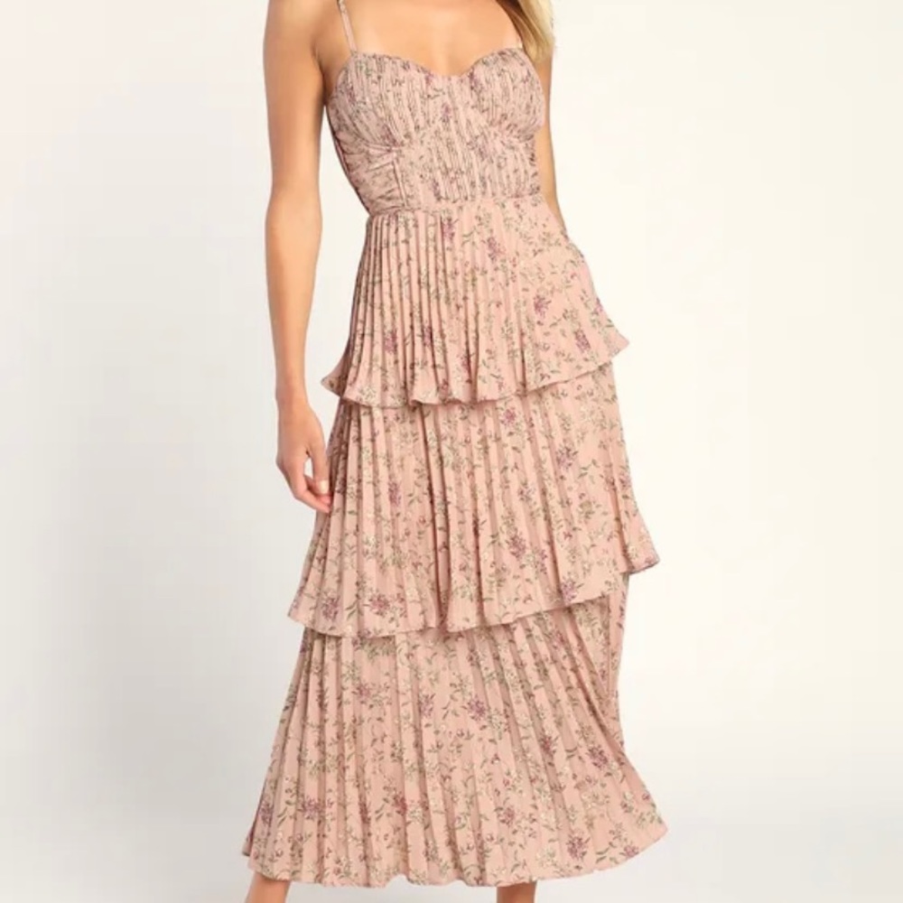Cascading Crush Pink Floral Print Tiered Bustier Midi Dress